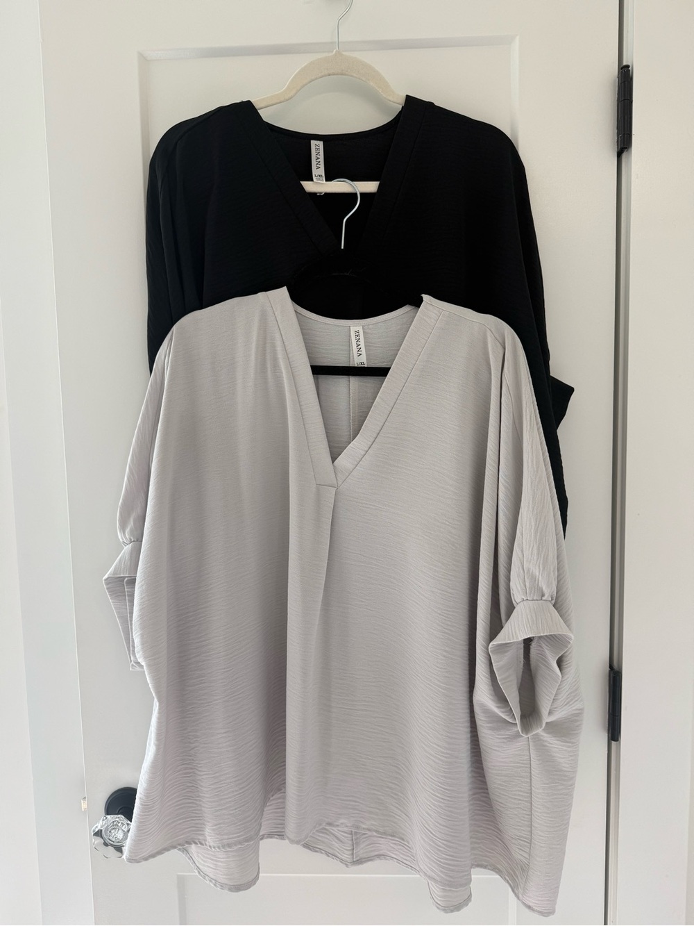 Zenana Outfitters Light Gray and Black V-Neck Tunic Tops
